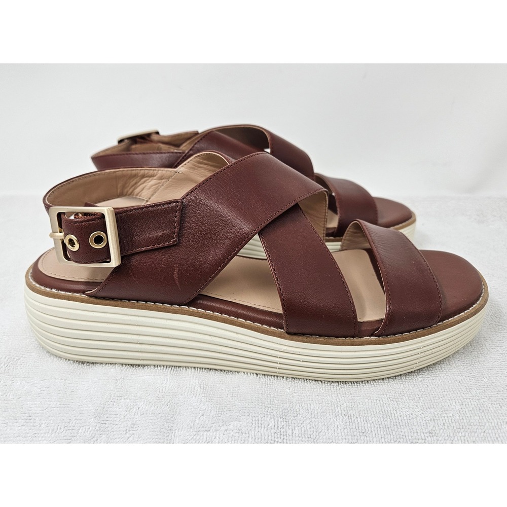 Cole Haan Brown Leather Cross-Strap Sandals with Cream Platform
